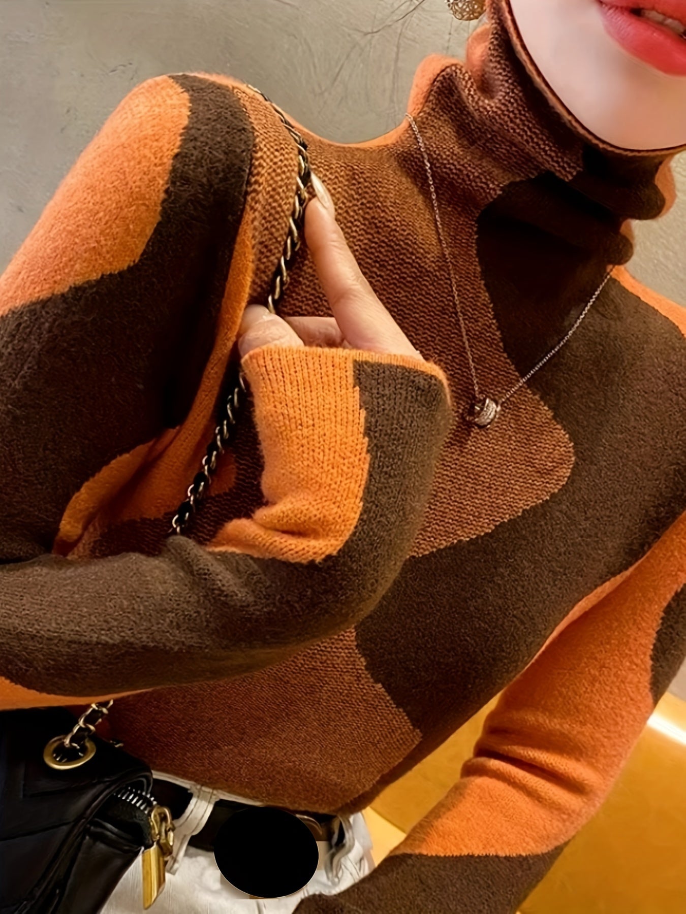 Elegant Turtleneck Sweater for Women - Chic Geometric Pattern, Soft Knit Blend, Perfect for Fall/Winter, Machine Washable